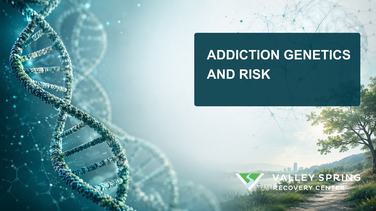 DNA strands, a neural network, and environmental context illustrate inherited vulnerability without implying genetic destiny