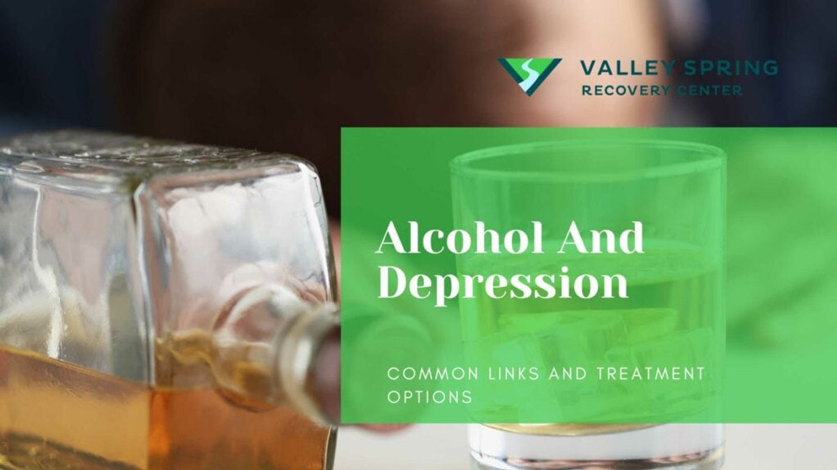Alcohol and depression clinical guide with mood, sleep, and substance-use imagery and Valley Spring Recovery Center branding