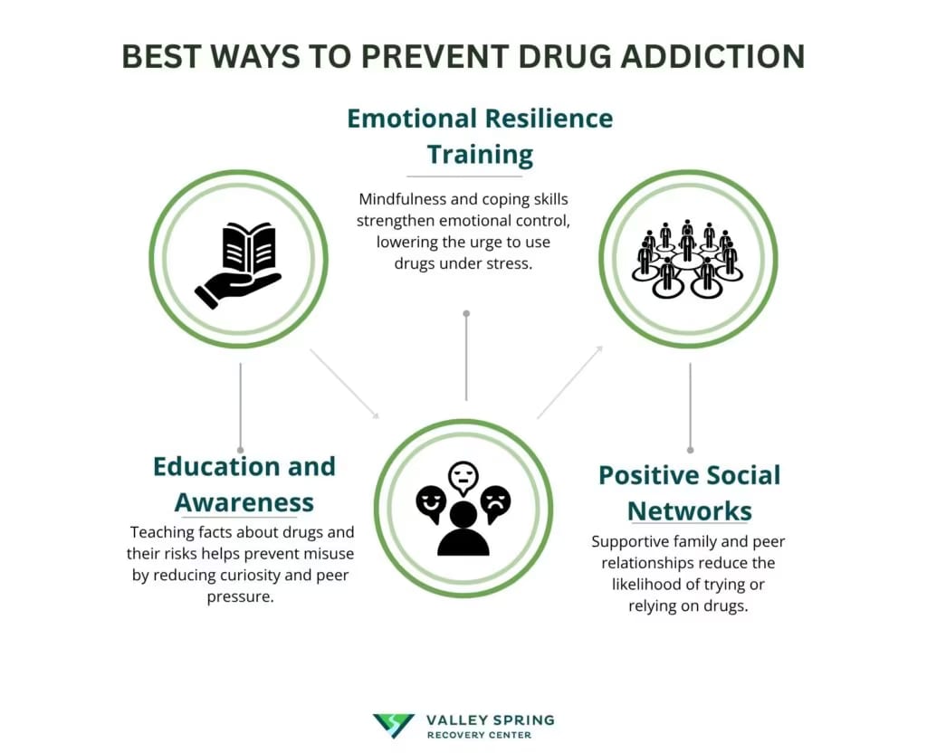 Diagram titled Best Ways To Prevent Drug Addiction showing education and awareness, emotional resilience training, and positive social networks as three prevention approaches