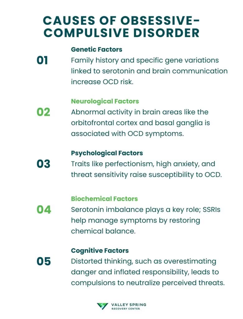 Documented causes of obsessive-compulsive disorder spanning family history, brain circuitry, and serotonin signaling