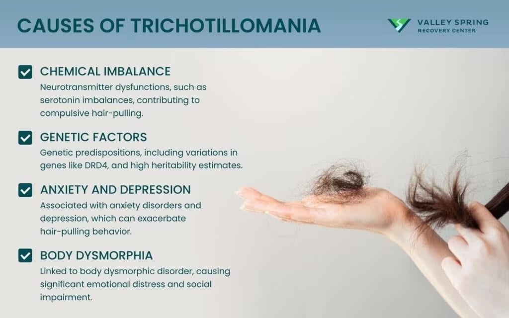 Documented causes of trichotillomania spanning family history, brain reward circuitry, and stress triggers