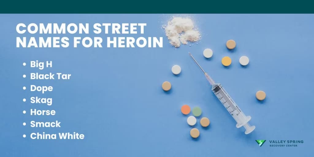 Heroin street terminology including dope, smack, horse, H, brown sugar, and black tar, with a warning that names do not verify contents