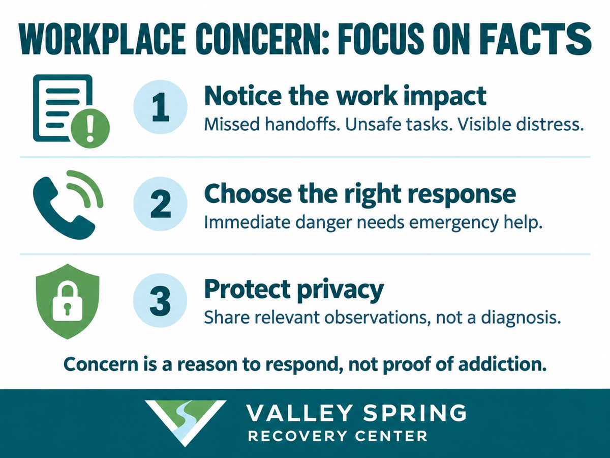 Workplace response to possible substance use: notice missed handoffs or unsafe tasks, respond to immediate danger, and protect coworker privacy