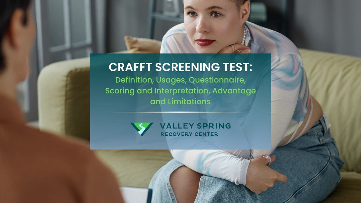 Young adult completing a confidential CRAFFT substance-use screen beside the Valley Spring Recovery Center logo