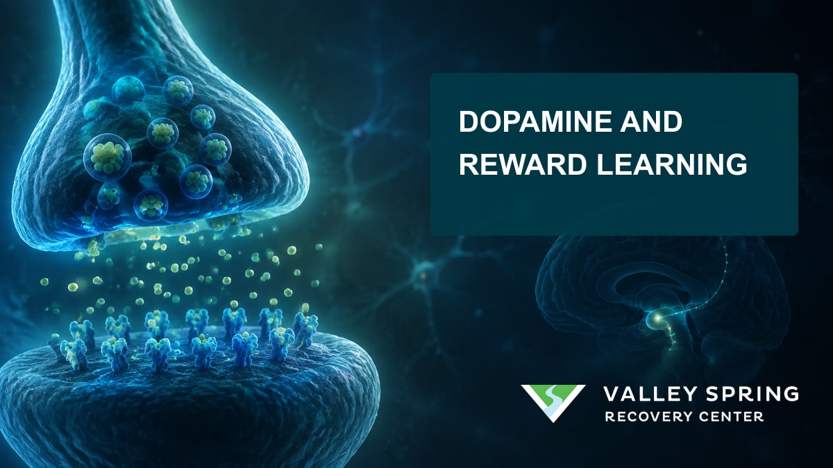 Dopamine molecules crossing a neural synapse toward receptors involved in reward learning and cue-triggered motivation