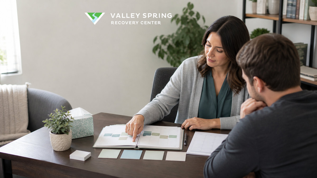 Clinician and patient reviewing an individualized treatment schedule and level-of-care transitions