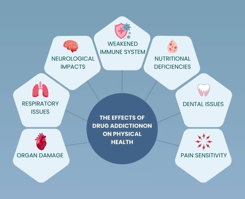 Infographic showing the effects of addiction on physical health by organ system