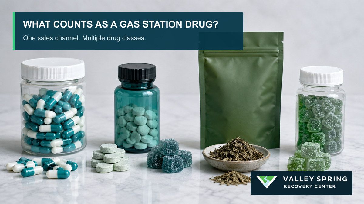 Capsules, tablets, gummies, and kratom products labeled as multiple drug classes within the gas station drug category