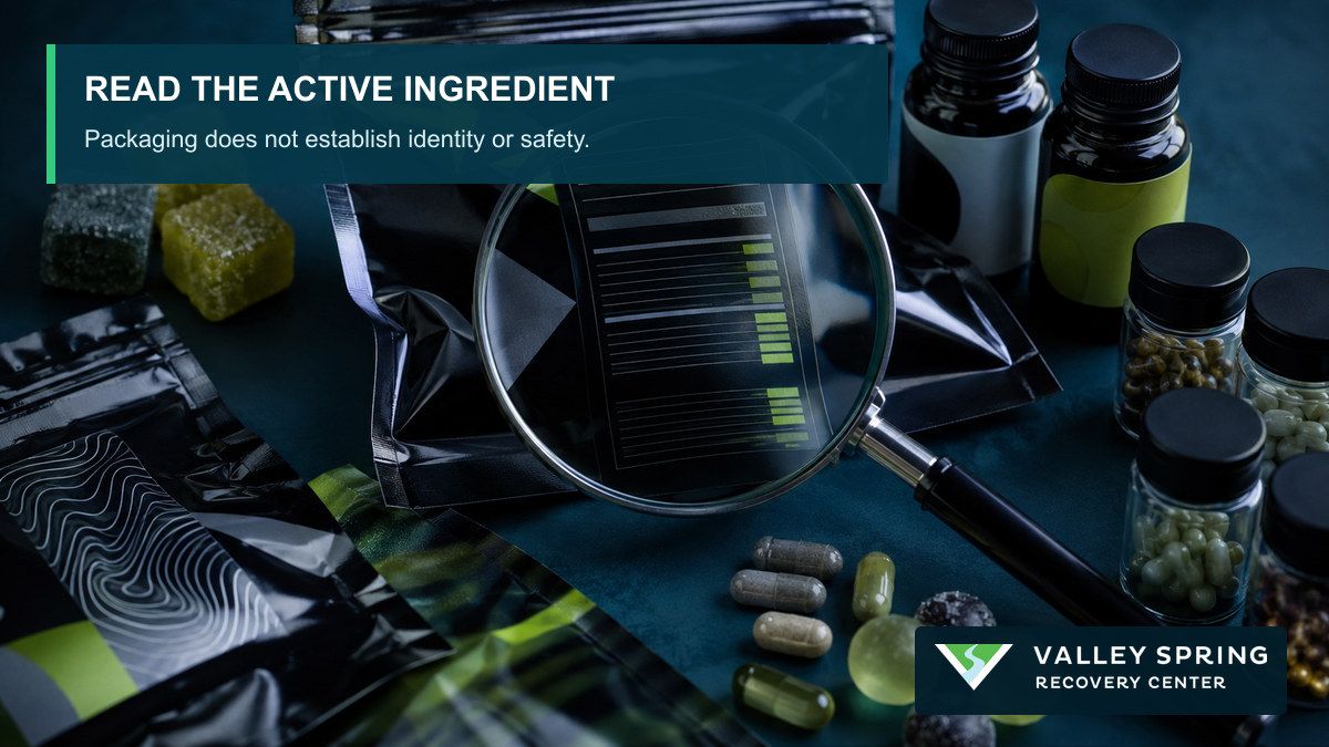 Magnified product label beside gummies and capsules emphasizing active-ingredient verification for gas station drugs