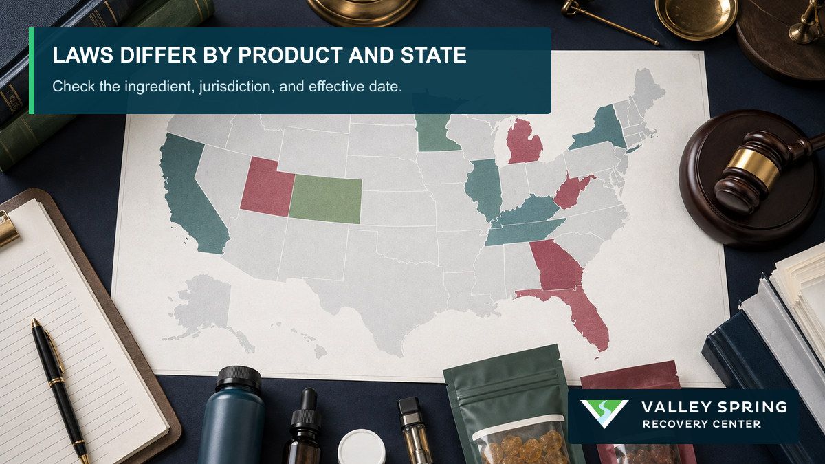United States map, legal gavel, and retail products labeled to show that gas station drug laws differ by product and state