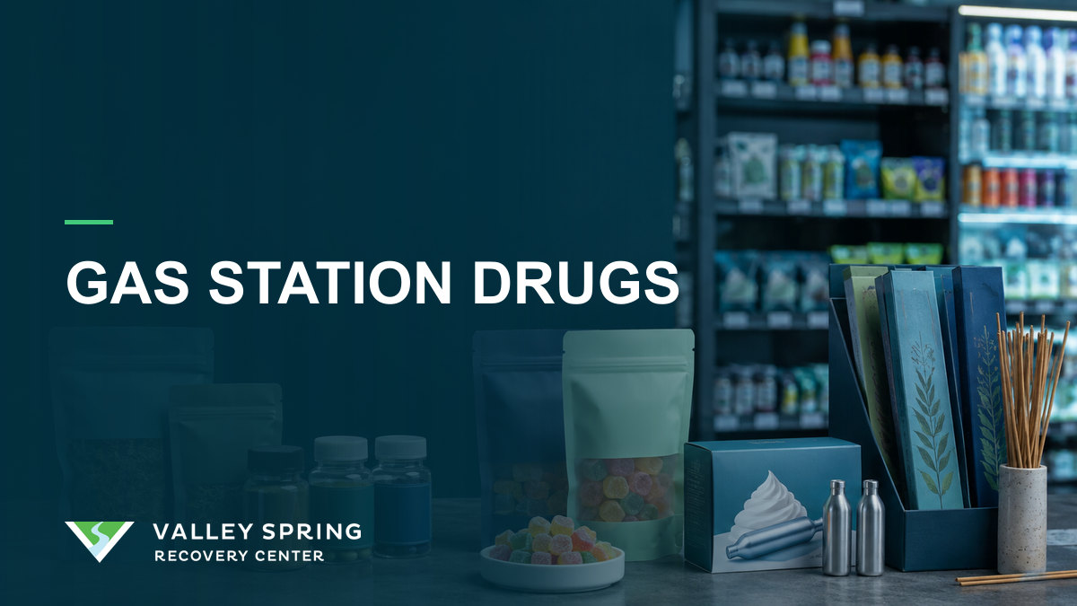 Generic herbal packets, supplement bottles, gummies, and nitrous oxide chargers displayed at a convenience-store counter