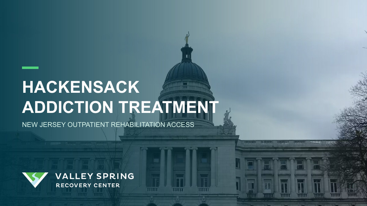Bergen County Courthouse in Hackensack with Valley Spring branding for local substance use disorder treatment and outpatient rehabilitation access
