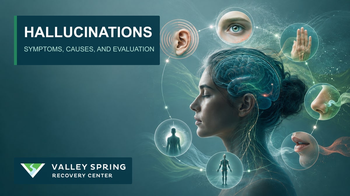 Medical illustration of auditory, visual, tactile, olfactory, gustatory, presence, and proprioceptive hallucinations