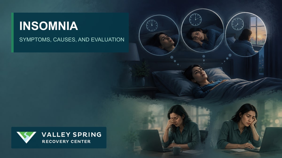 Nighttime illustration of sleep-onset, sleep-maintenance, and early-waking insomnia with daytime fatigue