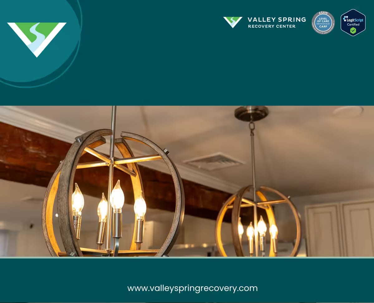 Orb pendant lighting above the common room at Valley Spring Recovery Center in Norwood, New Jersey