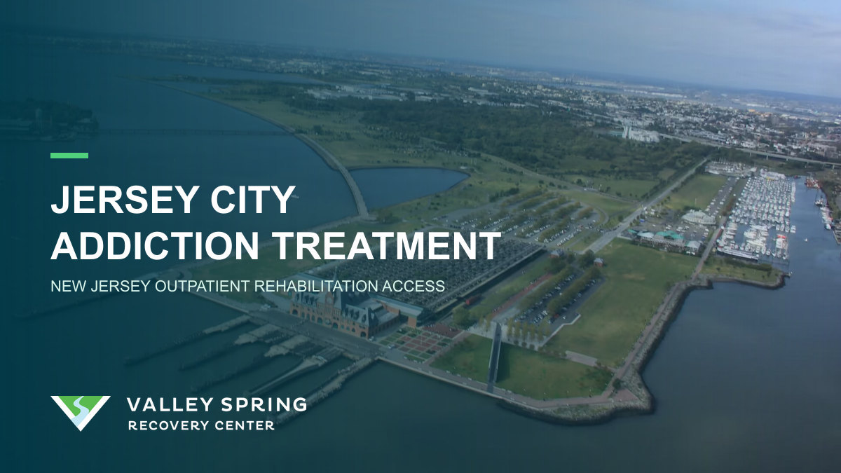 Liberty State Park and the historic railroad terminal with Valley Spring branding for Jersey City substance use disorder treatment access