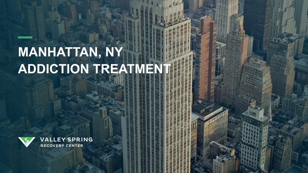 Empire State Building and Manhattan skyline with Valley Spring branding for substance use disorder treatment and recovery services