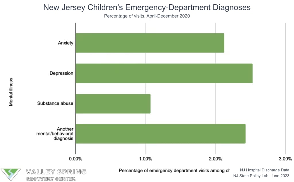 Bar chart of anxiety, depression, substance-use, and other diagnoses in New Jersey children's emergency-department visits
