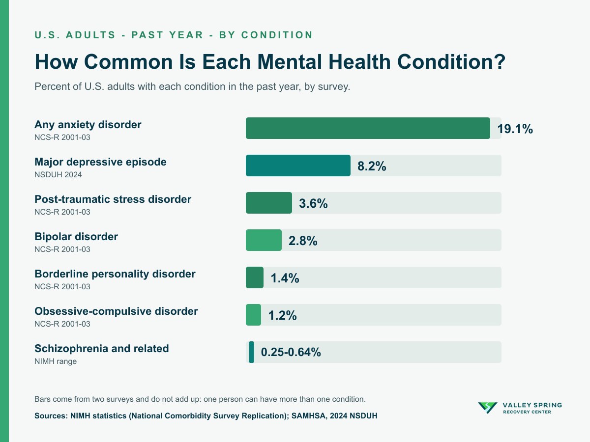 Bar chart of past-year prevalence among U.S. adults: any anxiety disorder 19.1 percent, major depressive episode 8.2 percent, post-traumatic stress disorder 3.6 percent, bipolar disorder 2.8 percent, borderline personality disorder 1.4 percent, obsessive-compulsive disorder 1.2 percent, and schizophrenia and related psychotic disorders 0.25 to 0.64 percent