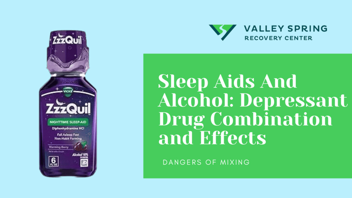 ZzzQuil sleep aid and alcohol shown together to illustrate additive sedation and impairment
