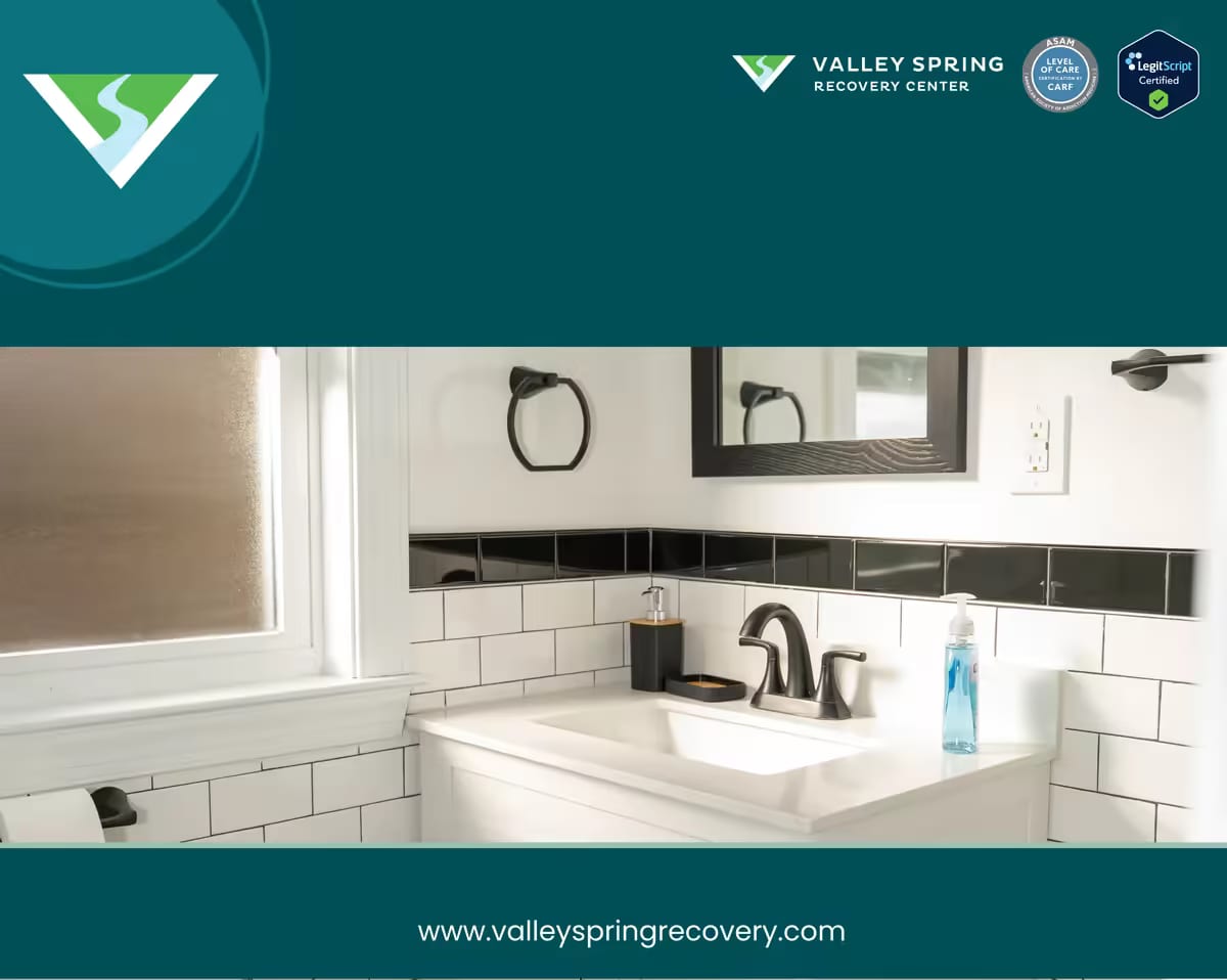 Subway-tiled bathroom in Valley Spring Recovery Center partner sober living housing Subway-tiled bathroom in Valley Spring Recovery Center partner sober living housing