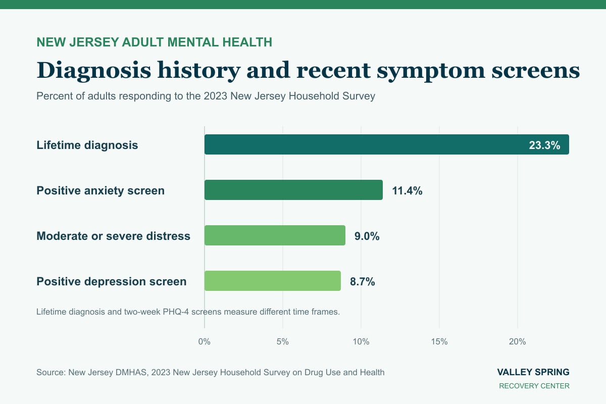 Bar chart comparing a 23.3% lifetime mental-health diagnosis history with 2023 New Jersey adult anxiety, distress, and depression screening estimates