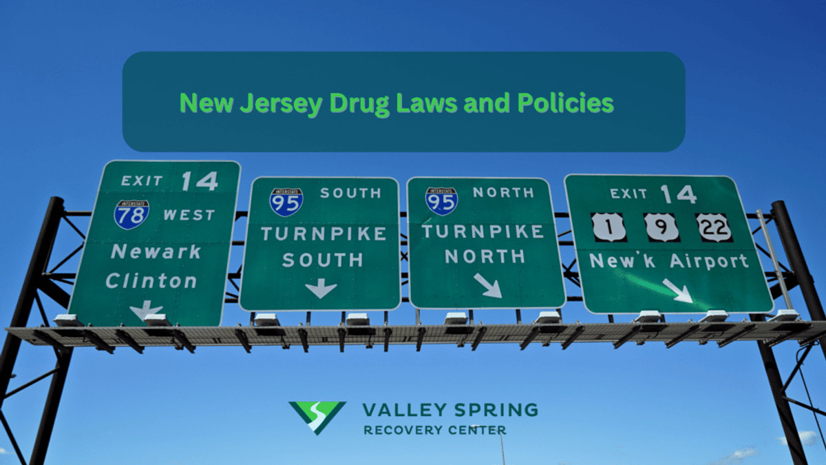 New Jersey Drug Laws and Policies New Jersey highway signs with the title New Jersey Drug Laws and Policies and the Valley Spring Recovery Center logo