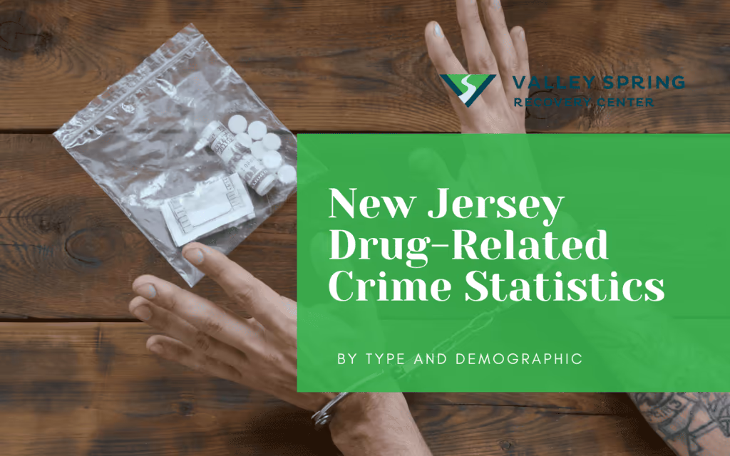 Title graphic reading New Jersey Drug-Related Crime Statistics By Type and Demographic over packaged narcotics and cash on a table