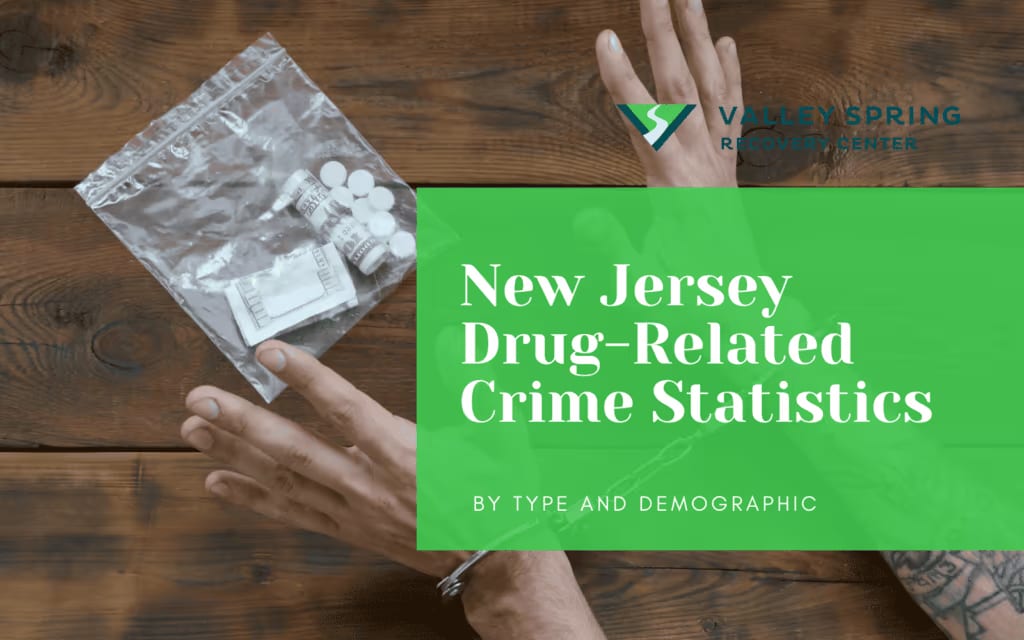 Title graphic reading New Jersey Drug-Related Crime Statistics By Type and Demographic over packaged narcotics and cash on a table