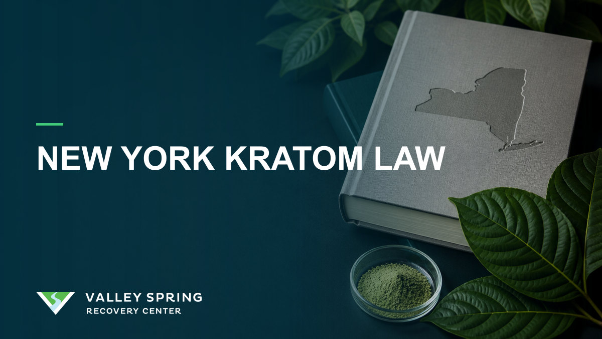 Branded New York kratom law graphic showing kratom leaves and powder beside a New York legal reference book