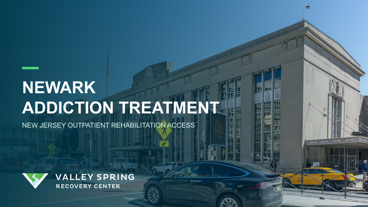 Newark Penn Station with Valley Spring branding for Newark substance use disorder treatment, rehabilitation, and recovery access