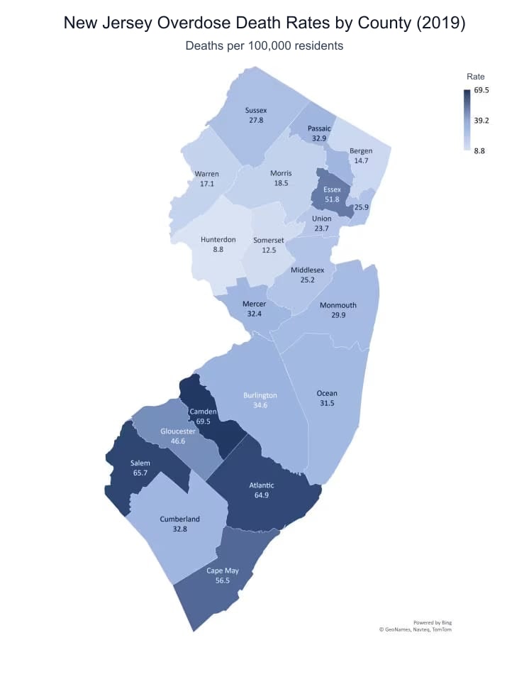 Map of 2019 New Jersey overdose death rates by county, measured as deaths per 100,000 residents
