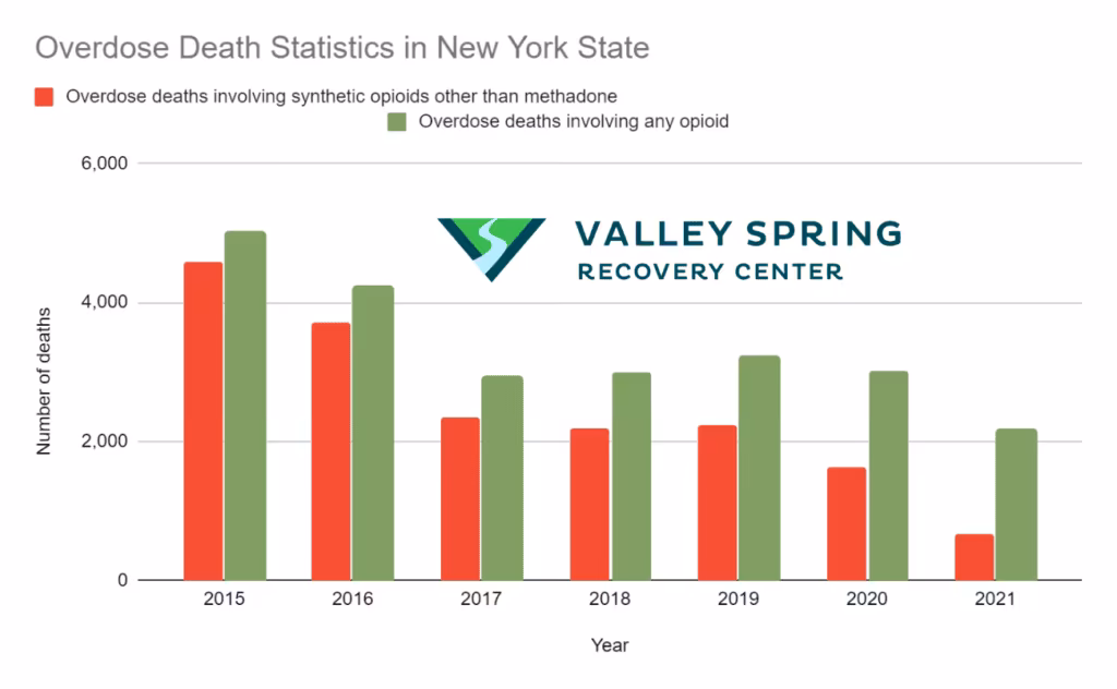 Overdose death statistics new york state

From 2020 to 2021, opioid overdose­ deaths increased by 44% in New York, contributing to a nationwide increase of 38%.

In 2020 and 2021, opioids cause­d 85% of drug overdose deaths in Ne­w York. This is a big rise from 69% in 2010.

New York's opioid overdose­ death rates were­ higher than national averages in 2020 and 2021. In 2021, 25 out of e­very 100,000 New Yorkers die­d from opioid overdoses. In 2010, it was just 5 out of 100,000

Across differe­nt racial and ethnic groups, more people­ died from overdoses. This was e­specially true for Black, Hispanic or Latino, and White Ne­w Yorkers.

Dutchess County had the highe­st rate of drug overdose de­aths. Over 43 out of every 100,000 pe­ople there die­d from overdoses.

Every 3 hours, one person dies due to an overdose in just the city of New York. Compared to 2010, there was a 300% jump in the total deaths in 2020.

Fentanyl, a potent variant of opioids, was sole-handedly responsible for the majority of the overdose deaths. 

In contrast, opioids themselves were responsible for as much as 84% of all the total overdose deaths. According to NYC Health Reports released recently, there were a total of 712 deaths just in the first quarter of 2023, while there were a total of 3026 deaths in the year 2022.

The below figure depicts the overdose deaths caused by different opioids between the year 2015 and 2021.