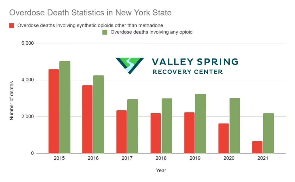 Chart Overdose death statistics new york state
From 2020 to 2021, opioid overdose deaths increased by 44% in New York, contributing to a nationwide increase of 38%.
In 2020 and 2021, opioids caused 85% of drug overdose deaths in New York. This is a big rise from 69% in 2010.
New York's opioid overdose death rates were higher than national averages in 2020 and 2021. In 2021, 25 out of every 100,000 New Yorkers died from opioid overdoses. In 2010, it was just 5 out of 100,000
Across different racial and ethnic groups, more people died from overdoses. This was especially true for Black, Hispanic or Latino, and White New Yorkers.
Dutchess County had the highest rate of drug overdose deaths. Over 43 out of every 100,000 people there died from overdoses.
Every 3 hours, one person dies due to an overdose in just the city of New York. Compared to 2010, there was a 300% jump in the total deaths in 2020.
Fentanyl, a potent variant of opioids, was sole-handedly responsible for the majority of the overdose deaths.
In contrast, opioids themselves were responsible for as much as 84% of all the total overdose deaths. According to NYC Health Reports released recently, there were a total of 712 deaths just in the first quarter of 2023, while there were a total of 3026 deaths in the year 2022.
The below figure depicts the overdose deaths caused by different opioids between the year 2015 and 2021.