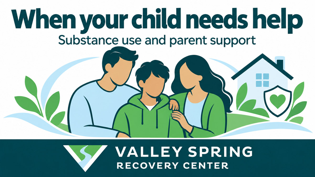 Illustrated family with home and safety symbols introducing parent support for a child's substance use concerns
