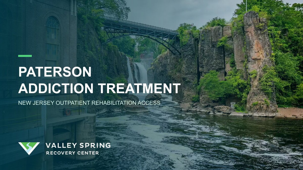 Great Falls of the Passaic River with Valley Spring branding for Paterson substance use disorder treatment and recovery access