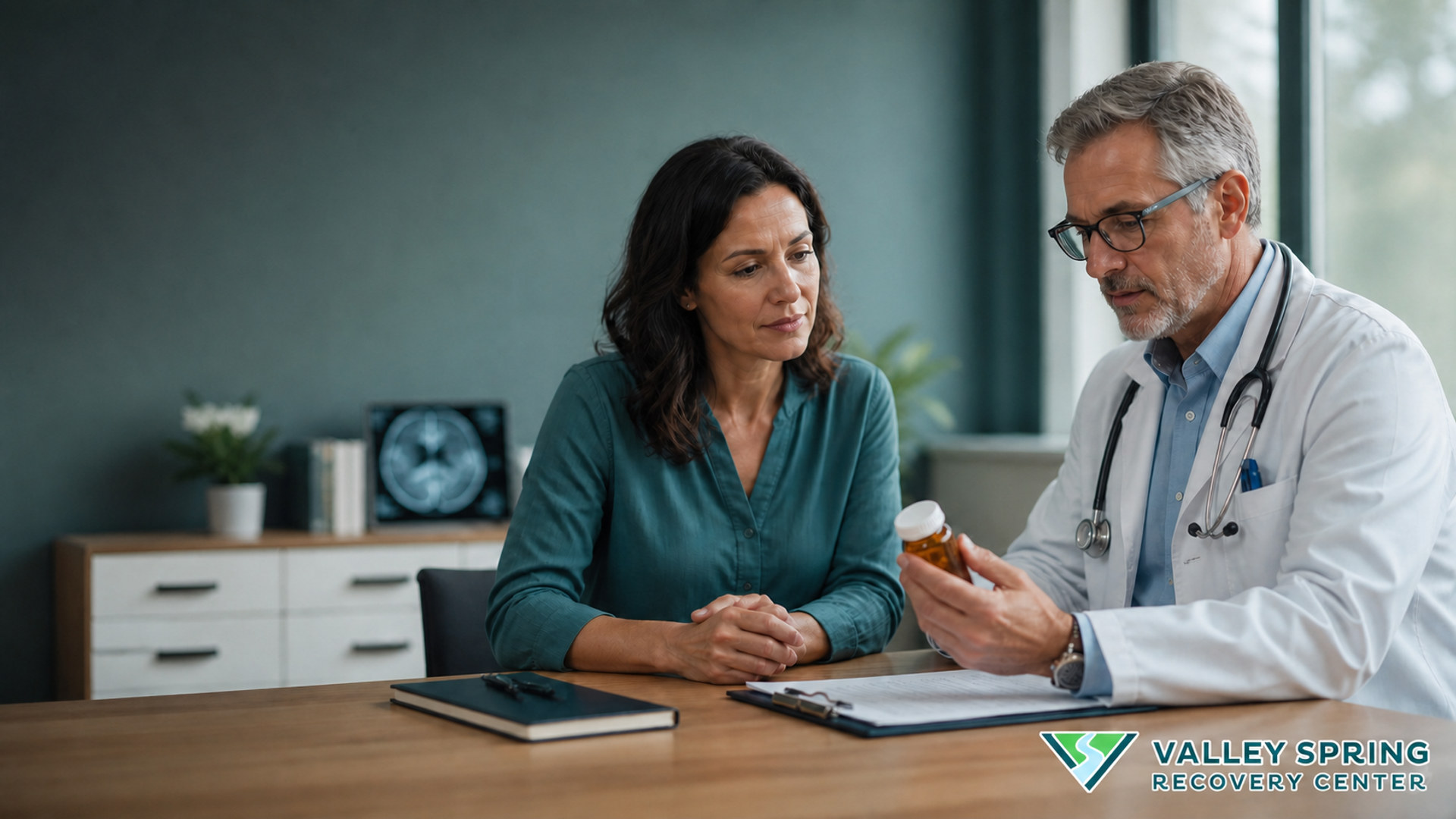 Phenobarbital: Uses, Dependence, Addiction, Overdose, and Withdrawal Clinician and adult patient reviewing a prescribed medication beside the Valley Spring Recovery Center logo