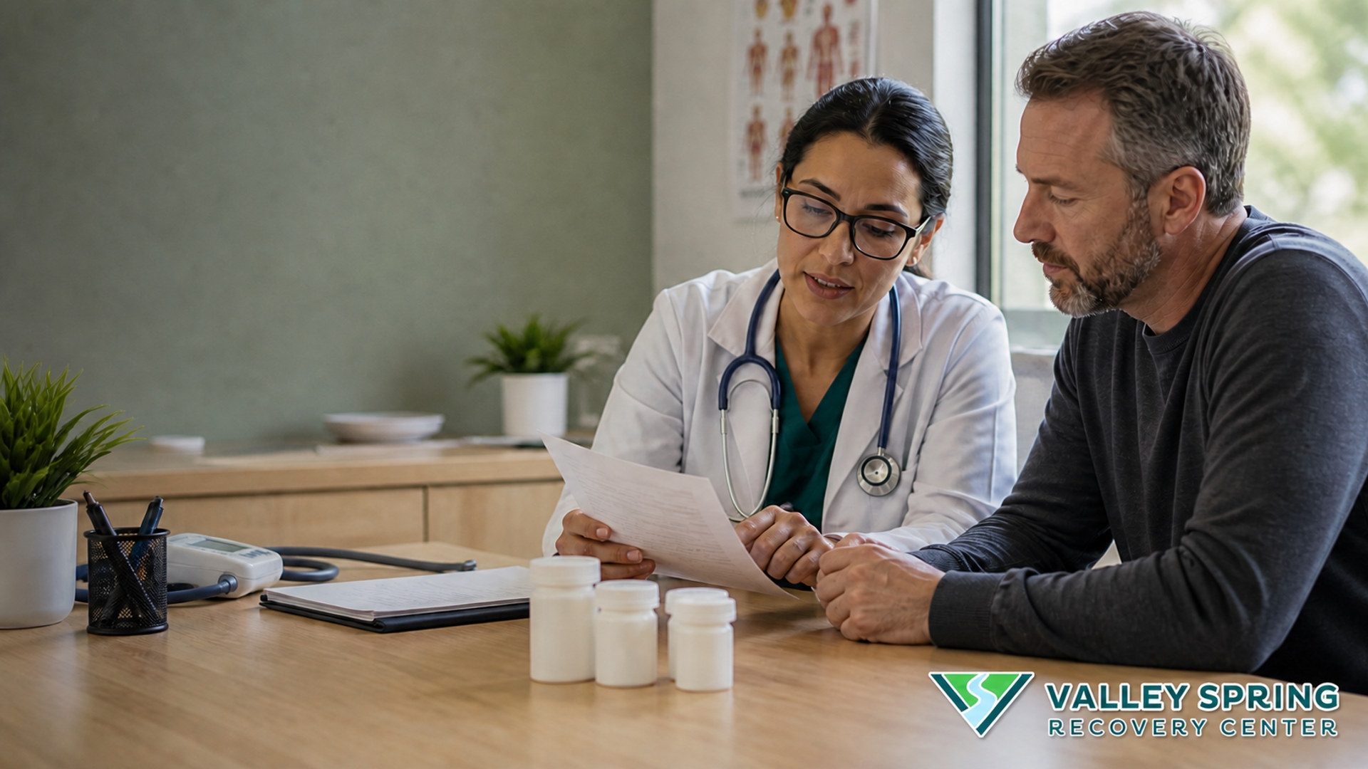 Clinician and adult patient reviewing prescription medications beside the Valley Spring Recovery Center logo