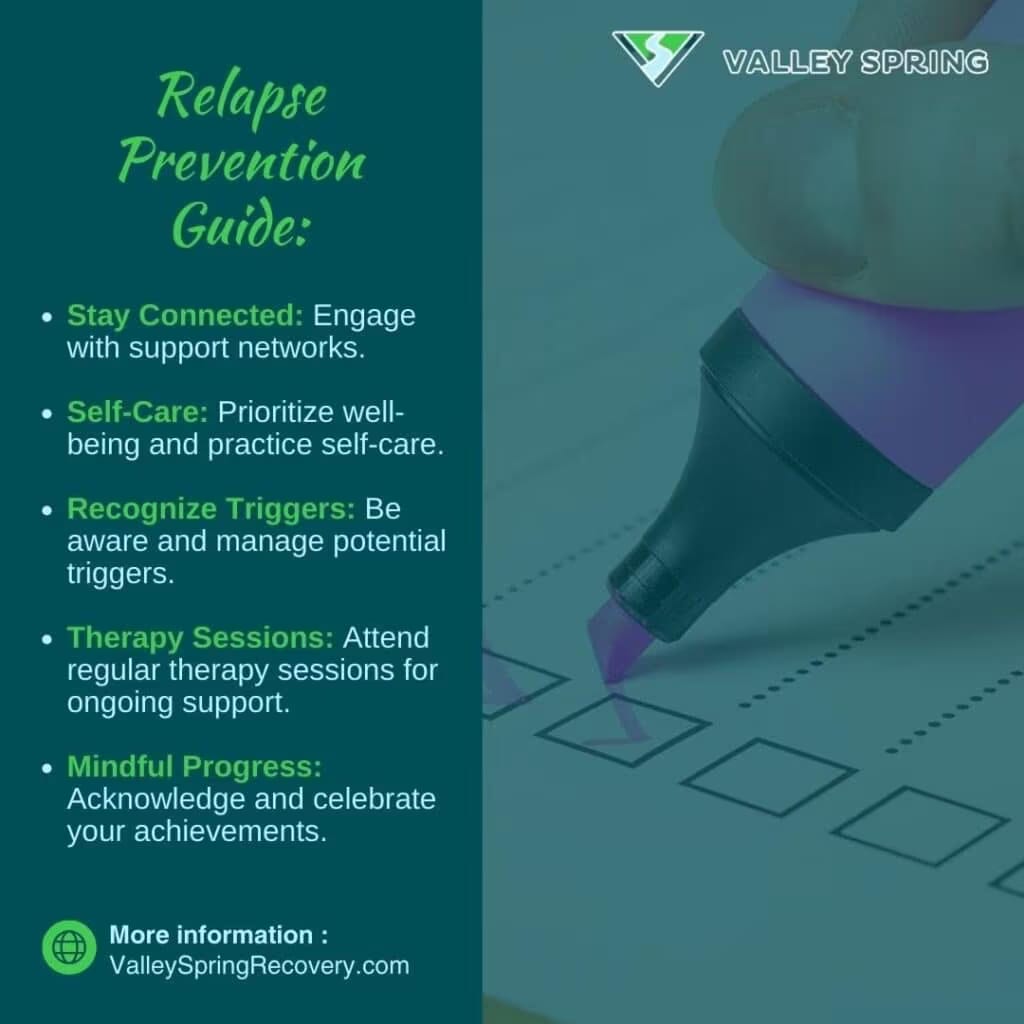 Relapse prevention guide covering support networks, self-care, trigger recognition and regular therapy sessions