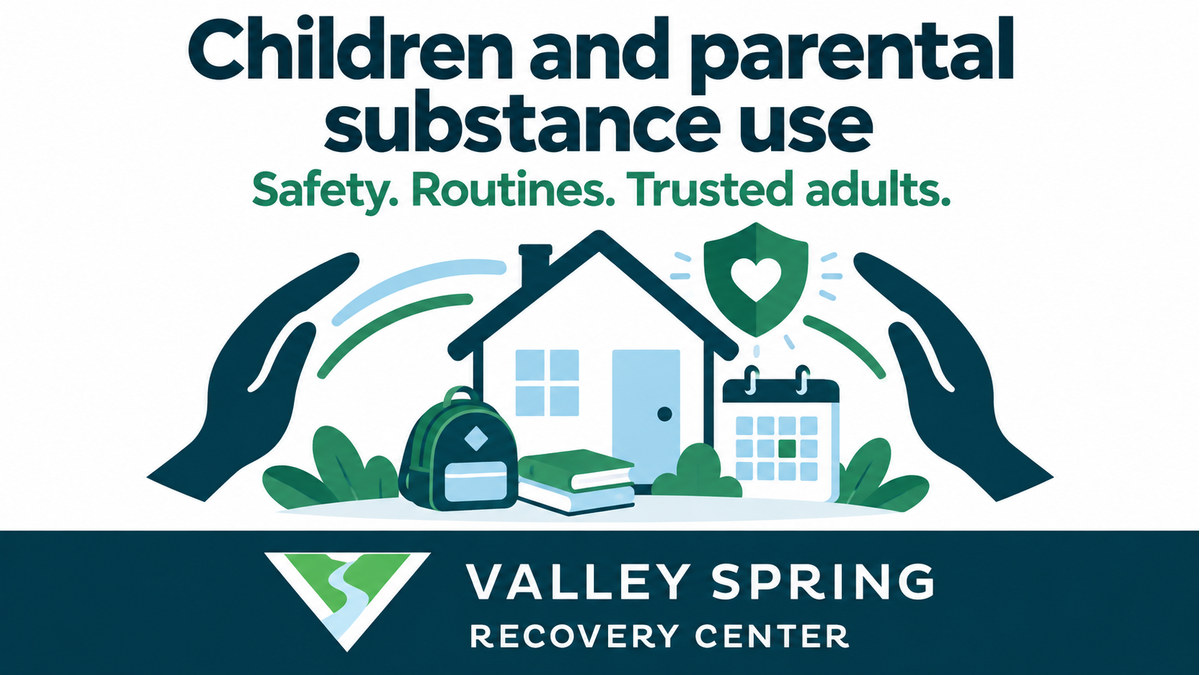 Helping hands around a home, backpack, books and calendar beneath Children and parental substance use