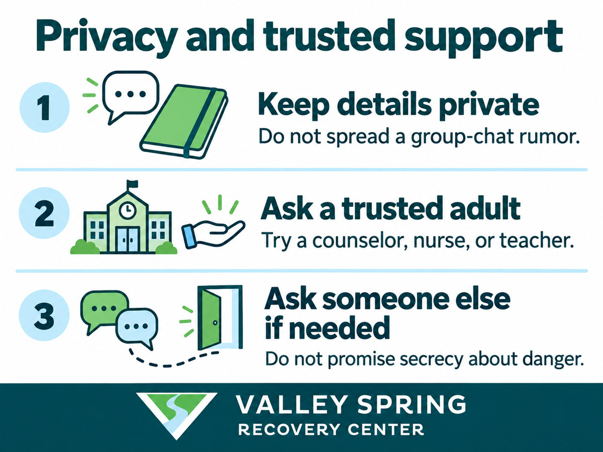 Three steps for classmates: keep details private, ask a trusted adult, and ask someone else if needed