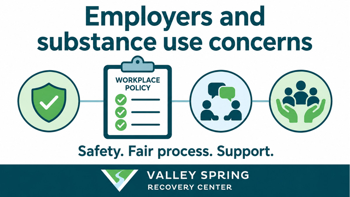 Safety shield, workplace policy checklist and support symbols introducing employers and substance use concerns