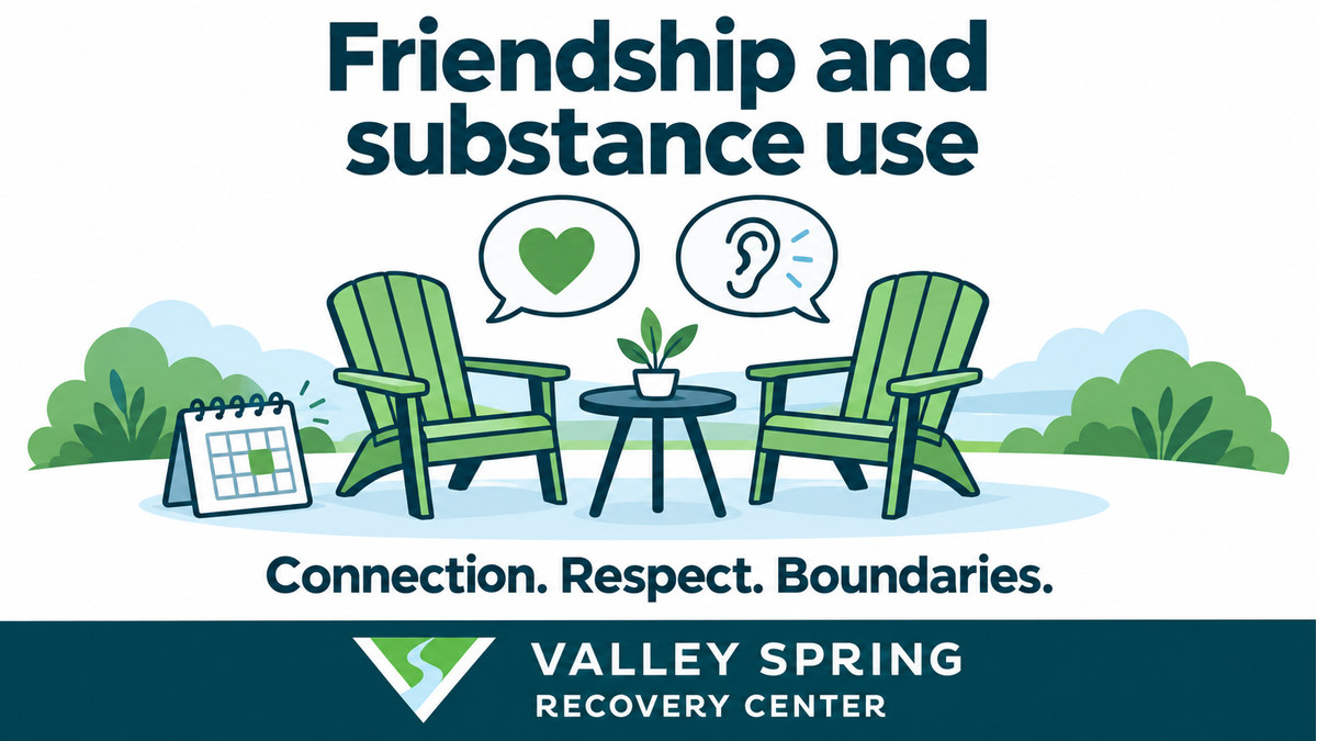 Two green chairs with heart and listening speech bubbles, a calendar, and the words Friendship and substance use