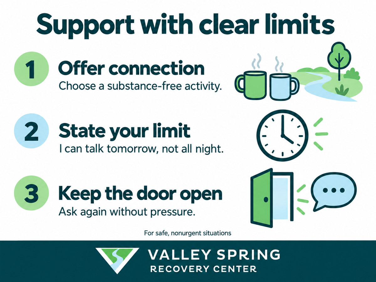 Mugs, a clock, and an open door illustrate connection, personal limits, and a future invitation to talk