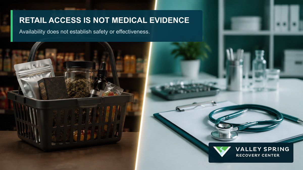 Convenience-store products contrasted with a clinical assessment and labeled to distinguish retail access from medical evidence