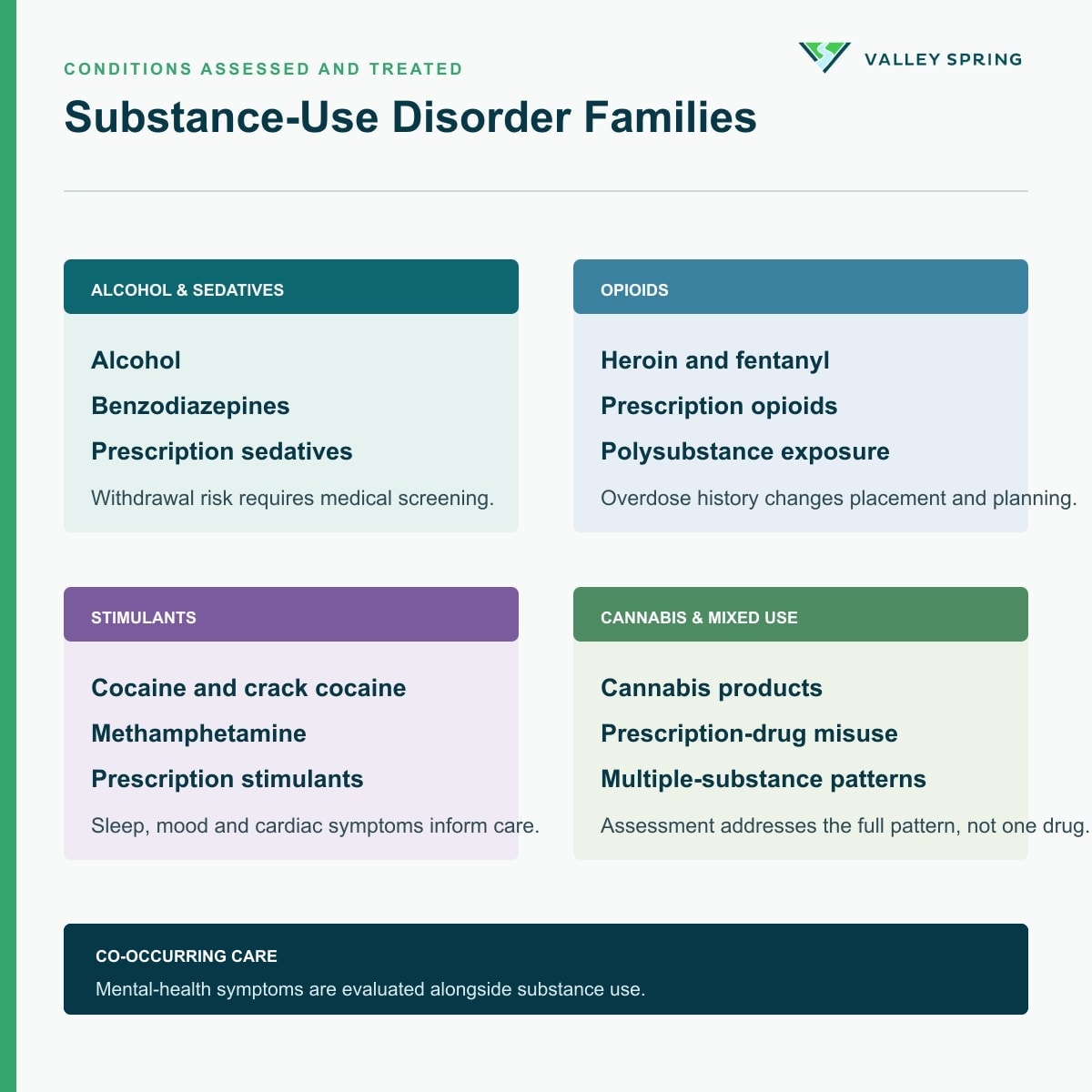 Substance use disorders involving alcohol, opioids, stimulants, cannabis, and polysubstance use, with co-occurring mental health conditions assessed near Rockland County, New York