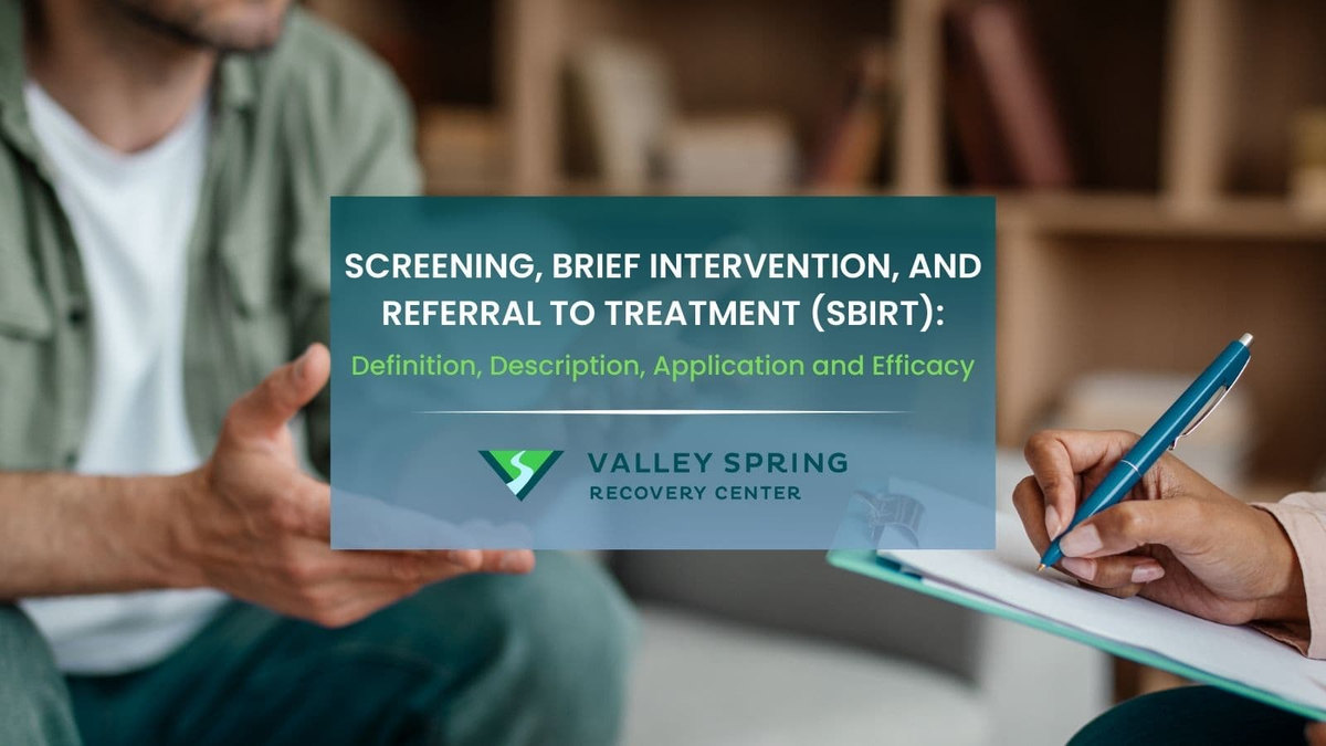Clinician beginning an SBIRT substance-use conversation beside the Valley Spring Recovery Center logo