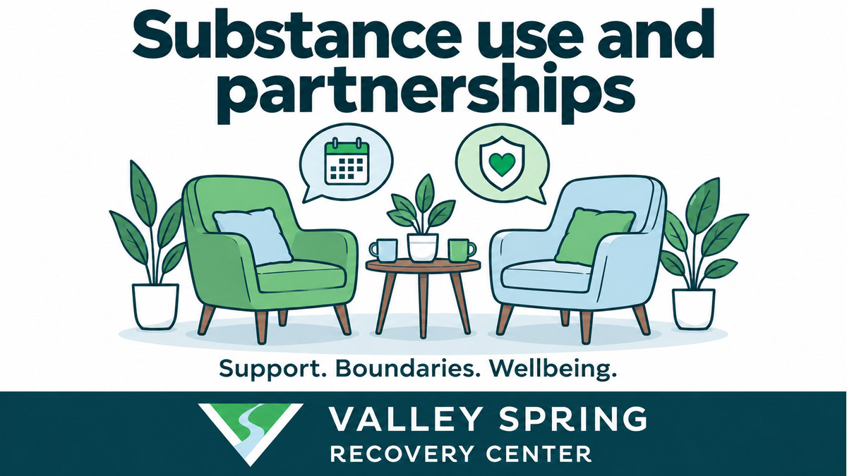 Two illustrated chairs with conversation, calendar, and safety symbols for partners affected by substance use