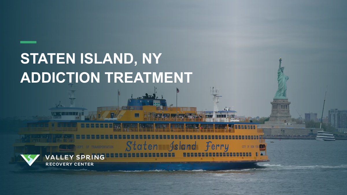 Staten Island Ferry in New York Harbor with Valley Spring branding for substance use disorder treatment and outpatient rehabilitation
