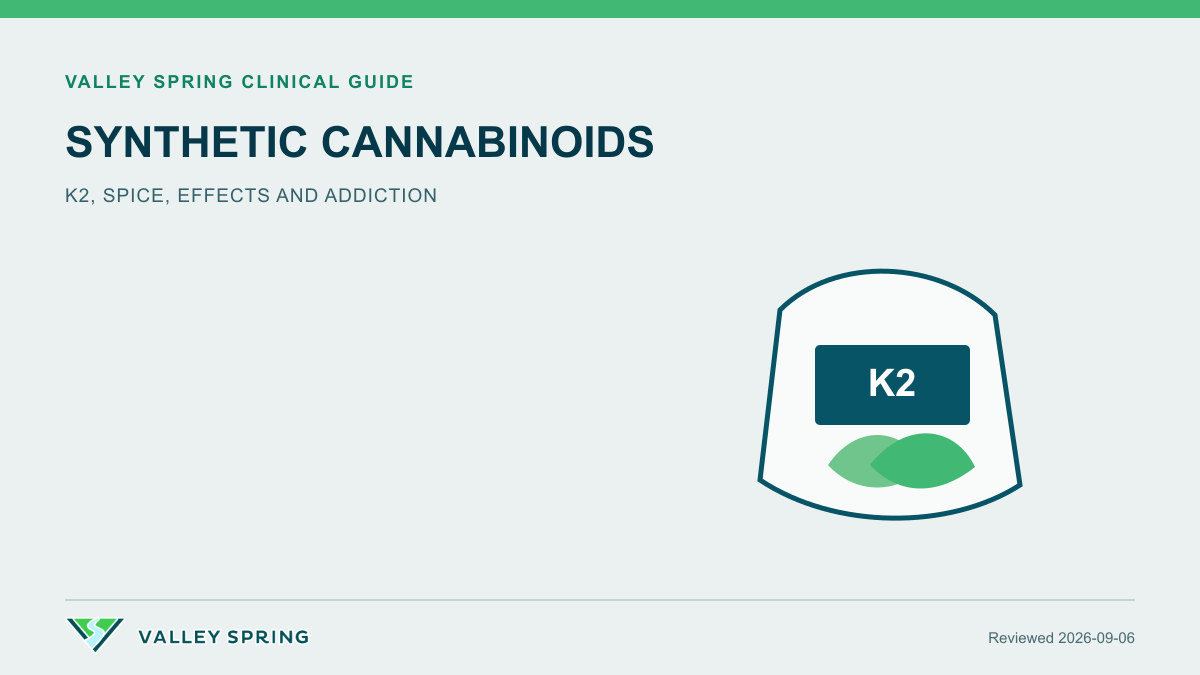 Synthetic cannabinoid guide showing a K2 package and treated plant material associated with Spice products